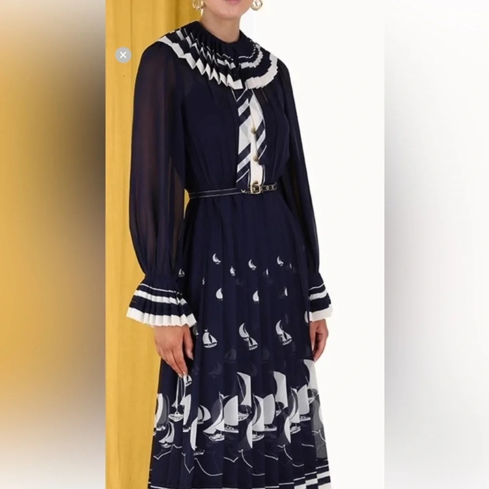 Zimmermann Navy and White Pleated Sailboat Midi Dress with Bow Neck - Picture 3 of 4